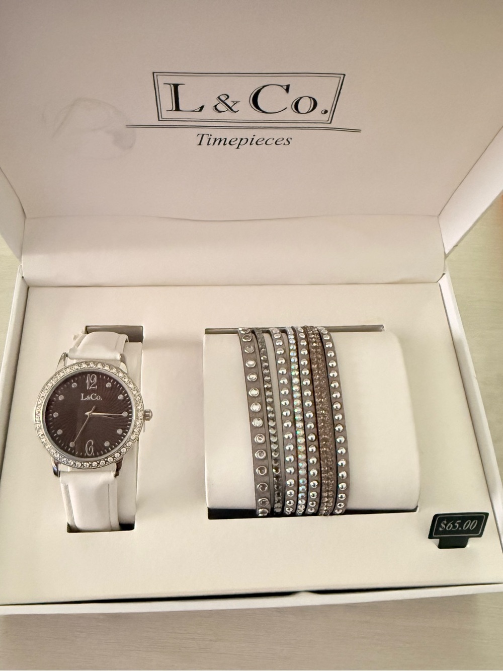 Women's White Strap Watch with Gray Crystal Wrap Bracelet